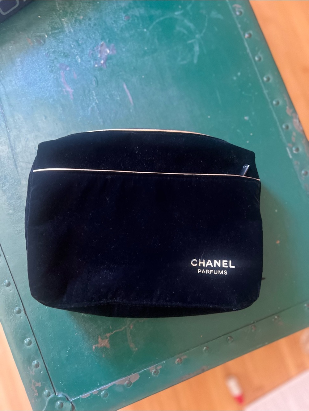 CHANEL Black Velvet Parfums Logo Pouch makeup bag